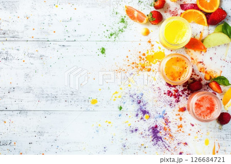 Bright colorful smoothies in mason jars on a wooden table with fresh fruit surrounding them 126684721