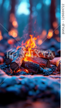 Campfire glowing brightly in a winter forest surrounded by frozen logs and natural light 126684722