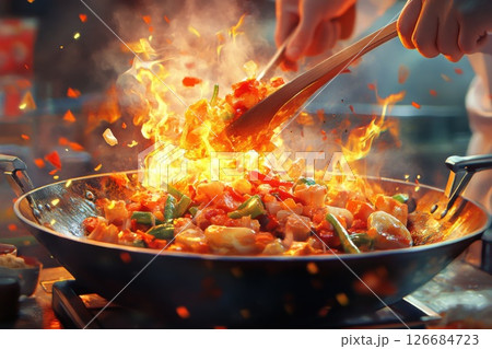 Chef skillfully tossing vibrant vegetables in a brightly flaming wok during a busy kitchen rush 126684723