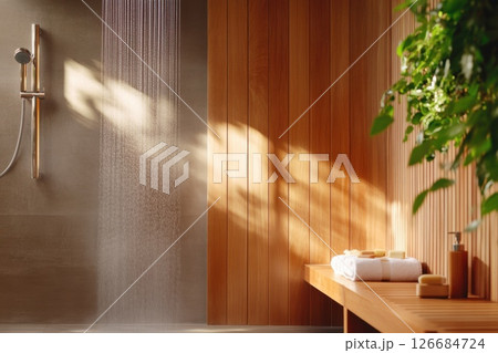 Luxurious spa like bathroom with rain shower and warm lighting creating a serene atmosphere 126684724