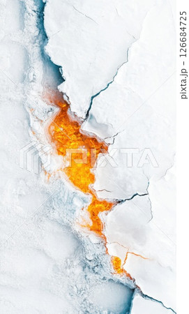 Frozen river with glowing embers breaks through ice on a bright sunny day 126684725