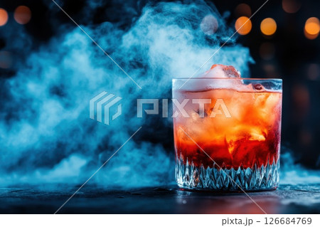 Iced cocktail with glowing red liquid and smoke effects in a dimly lit bar atmosphere 126684769