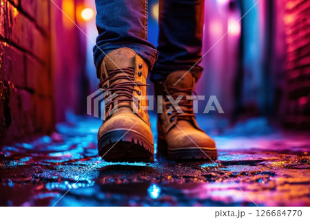 Mysterious footsteps enter a shadowy alleyway under cinematic lighting 126684770