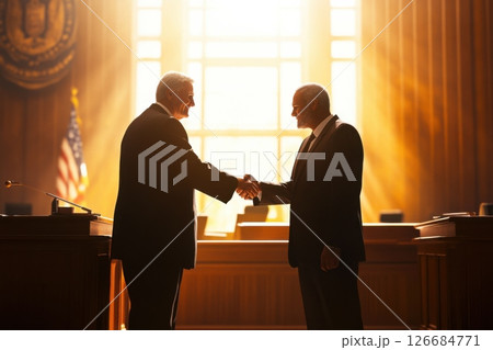 Defense attorney and prosecutor shake hands in a courtroom after a long day 126684771