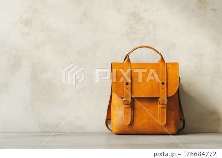 Stylish leather backpack with gold accents against a neutral wall for modern aesthetics 126684772