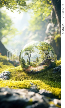 Detailed glass orb showcasing contrasting environments of desert and forest 126684794