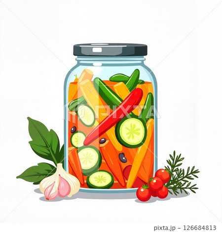 Colorful vegetables in jar on white background, fresh preservation 126684813
