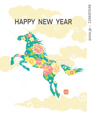 年賀状2026　午年　馬のイラストのおしゃれな年賀状　和柄　花柄 126685046