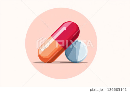 Colorful capsule and round pill illustration on a soft background, showcasing modern pharmaceutical design and health-related concepts 126685141