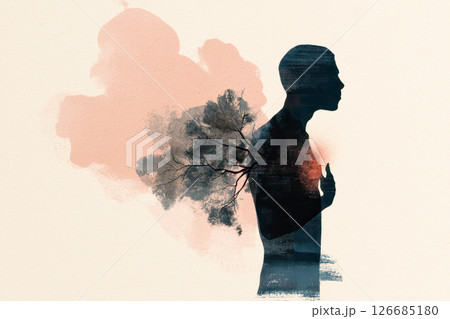 Silhouette of a person with a tree growing from the chest, symbolizing resilience and growth amidst the struggle of cancer metaphor 126685180