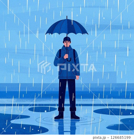 雨の中傘をさす男性 126685199