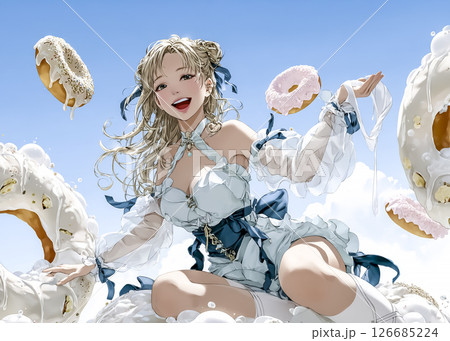 沢山のドーナツを前にして笑顔になるスイーツの妖精のイラスト素材 126685224