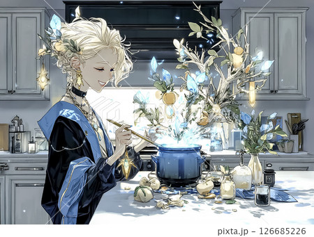 魔法の杖を使って謎料理を作る笑顔の魔女のイラスト素材 126685226