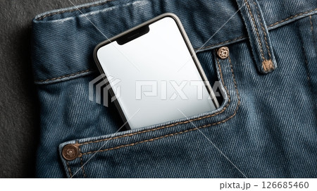 Mockup phone displayed in a back pocket of denim jeans for tech branding and lifestyle visuals 126685460