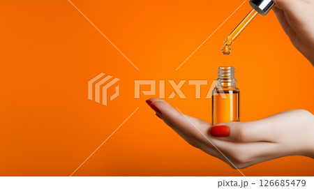 Female hand holds a serum bottle with a pipette and drop of oil on a vibrant orange background 126685479