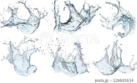 Set of crystal clear water splashes transparent PNG isolated on white background. 126685614