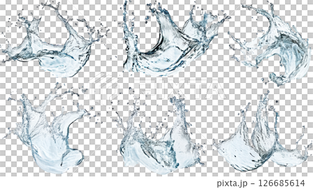 Set of crystal clear water splashes transparent PNG isolated on white background. 126685614
