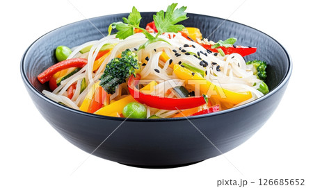 Rice noodles with stir fried vegetable transparent PNG isolated on white background. 126685652