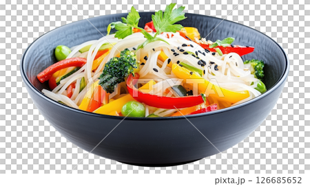 Rice noodles with stir fried vegetable transparent PNG isolated on white background. 126685652