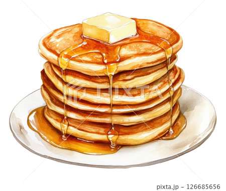 Stack of fluffy pancakes topped with sweet syrup isolated on white background, PNG transparent. 126685656