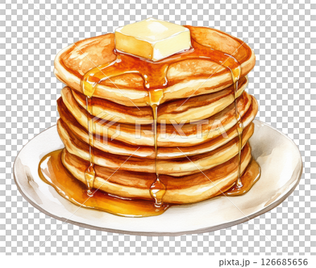 Stack of fluffy pancakes topped with sweet syrup isolated on white background, PNG transparent. 126685656