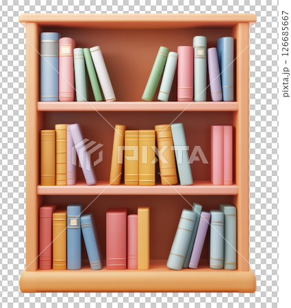 Bookshelf 3d icon clipart cartoon isolated on white background, PNG transparent. 126685667