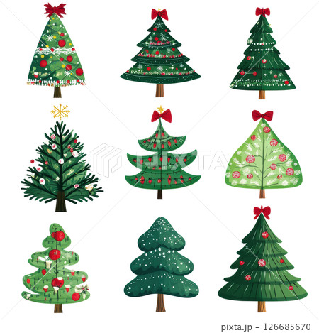 Collection of Christmas tree 3d icon clipart cartoon isolated on white background, PNG transparent. 126685670