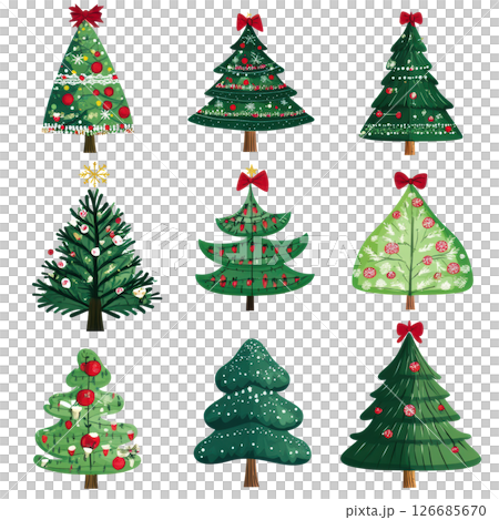 Collection of Christmas tree 3d icon clipart cartoon isolated on white background, PNG transparent. 126685670