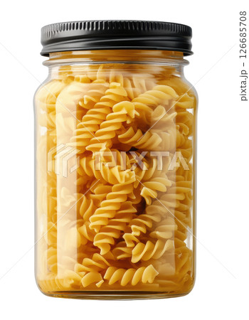 Pasta in glass jar isolated on white background, PNG transparent clipart. 126685708