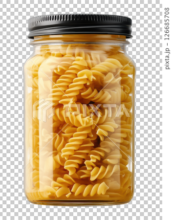 Pasta in glass jar isolated on white background, PNG transparent clipart. 126685708