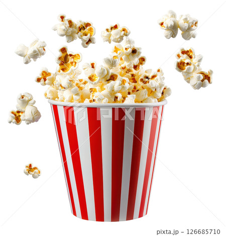 Popcorn burst from container and float in air isolated on white background, PNG transparent clipart. 126685710