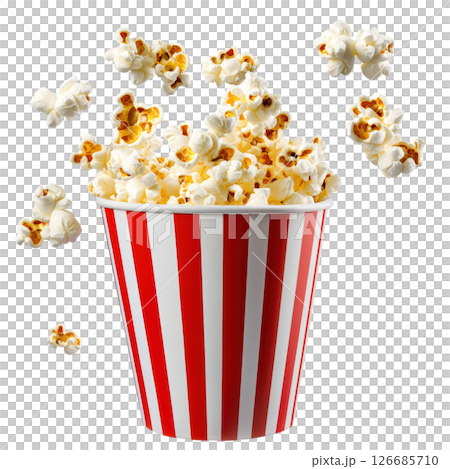 Popcorn burst from container and float in air isolated on white background, PNG transparent clipart. 126685710