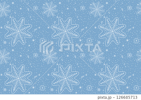 A blue Christmas background. Blue and white winter seamless pattern. Christmas blue snowflakes pattern. Christmas and winter season background. snow seamless pattern. New Year background. 126685713