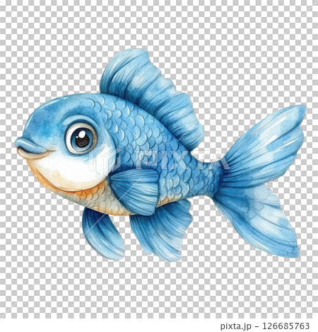 Blue fish cute cartoon watercolor painting isolated on white background, PNG transparent. 126685763