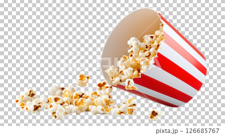 Popcorn pour from paper bowl transparent PNG isolated on white background. 126685767