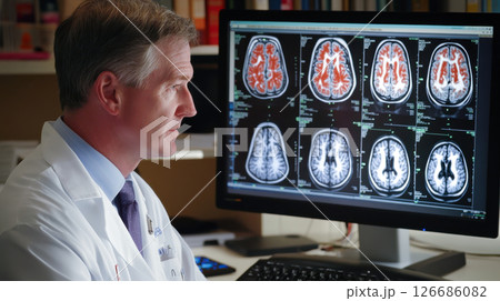 Doctor with human brain anatomy data on monitor of desktop computer. 126686082