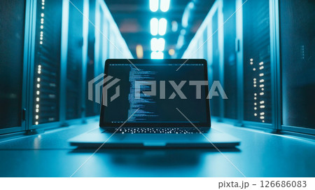 Modern laptop computer in data center room. 126686083