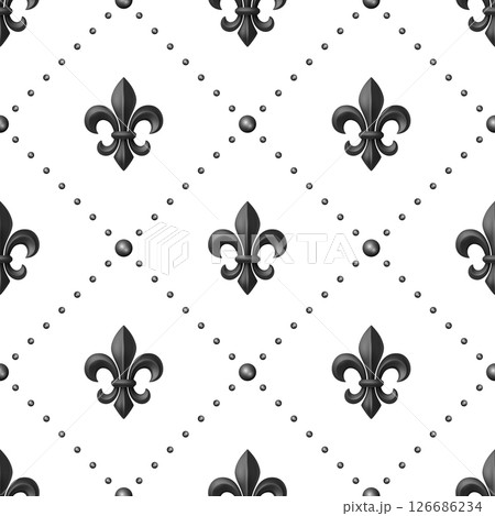 Vector Luxury Fleur-de-Lis Seamless Pattern. Black Royal Fleur-de-Lis on White Background. Vintage French Heraldic Fleur-de-Lis Pattern for Wallpaper, Fabric, Digital Paper, Decor 126686234