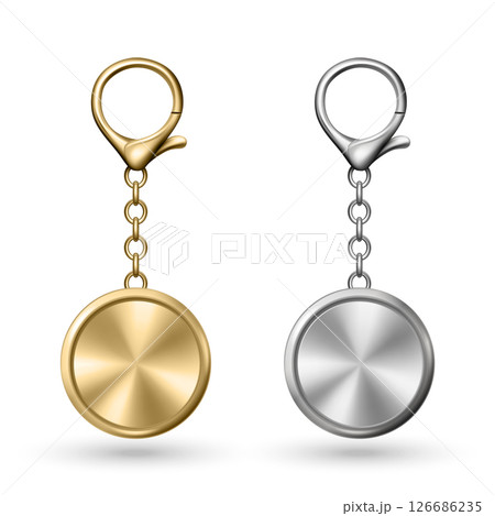 Vector Gold and Silver Keychain Icon Set, Isolated. Realistic Round Keychain Design for Branding. Blank Keychain Mockup for Logo. Luxury Metallic Keychain Template for Custom Accessory Design 126686235