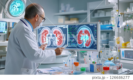Kidney disease, Chronic kidney disease ckd, Doctor with human model to treat and study in hospital. Kidney disease, Chronic kidney disease ckd, Doctor with human model to treat and study in hospital. 126686277
