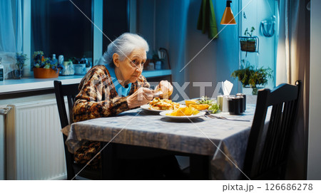 Nursing care at home for a senior woman eating dinner. Nursing care at home for a senior woman eating dinner. 126686278