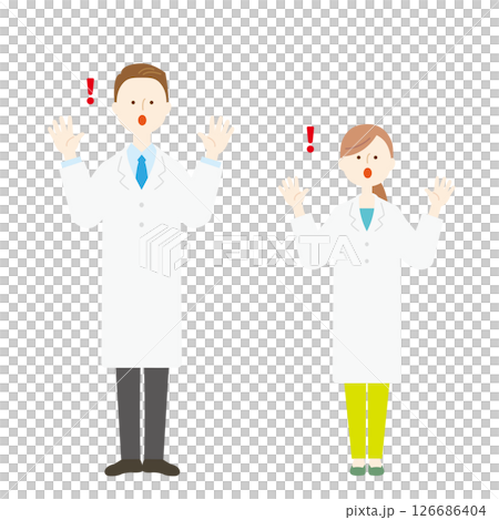 Illustration of a man and woman in a white coat surprised 126686404