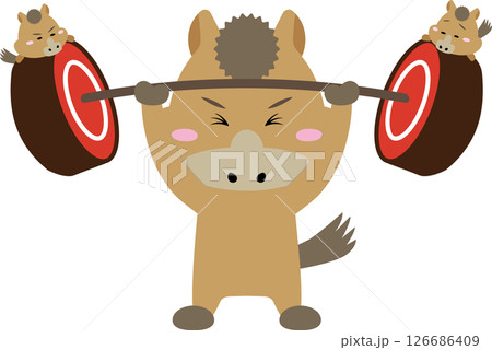 がんばる馬キャラの重量挙げチャレンジ!午年のかわいい干支イラスト がんばる馬キャラの重量挙げチャレンジ!午年のかわいい干支イラスト 126686409