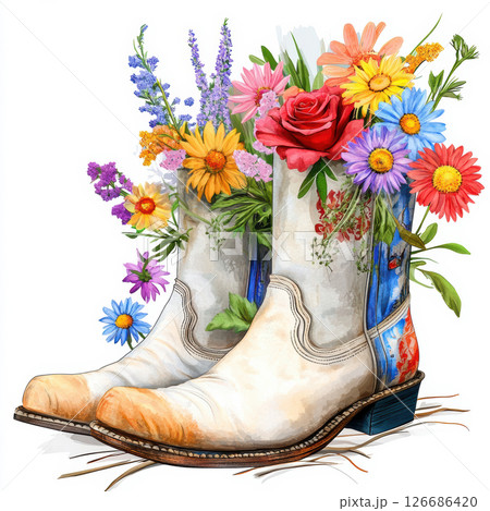 Cowboy boots with flower lush watercolor painting isolated on white background 126686420