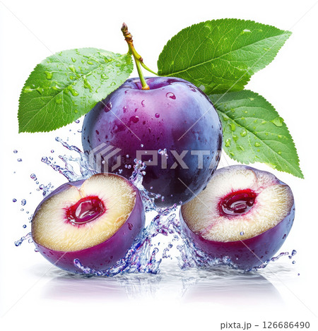 Fresh plum fruit with water splash isolated on white background. 126686490