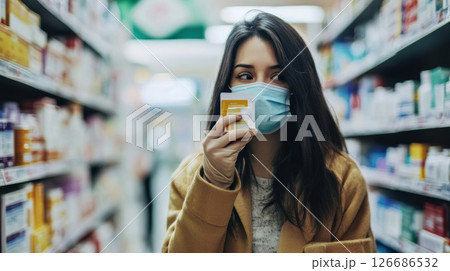 Sick woman wearing a mask is buying medicine in a drug store. 126686532