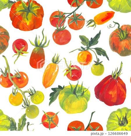 Trendy seamless Summer Tropical Bliss Vacation Seamless pattern with tomatoes and striped background. Acrylic style , Design for fashion , fabric, textile, and all prints 126686649