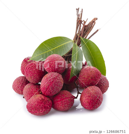 Fresh lychees and leaves isolated on a white background Fresh lychees and leaves isolated on a white background 126686751
