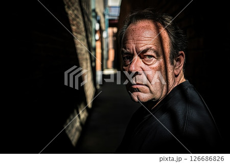 Intense expression of a middle aged man in a shadowed alley with dramatic light 126686826