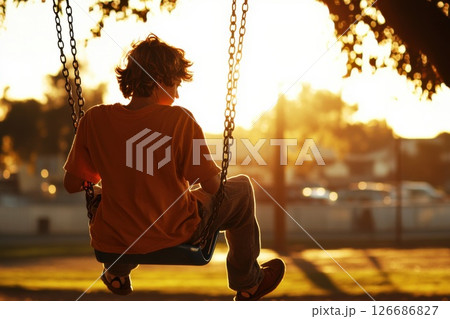Teenage boy on a swing in a sunlit playground reflecting on life during golden hour 126686827